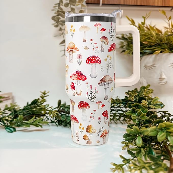 Ceovfoi 40 Oz Mushroom Stainless Steel Coffee Travel Mug Cup Water Bottle Tumbler with Handle Lid and Straw,Mushroom Decor,Mushroom Gifts for Women