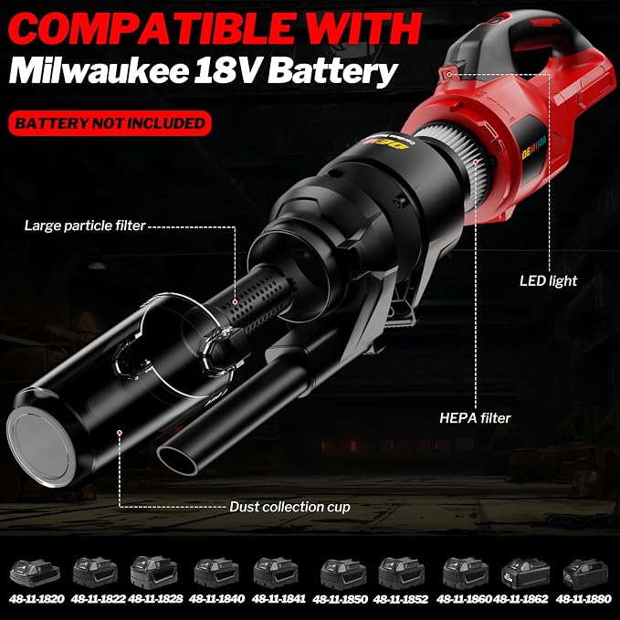 Cordless Vacuum Cleaner for Milwaukee 18V Battery, 6 in 1 Handheld Electric Vacuum Cleaner with HEPA Filter and LED Light, 46 CFM Portable Hand Vacuum for Floor, Carpet, Car (Battery Not Included)