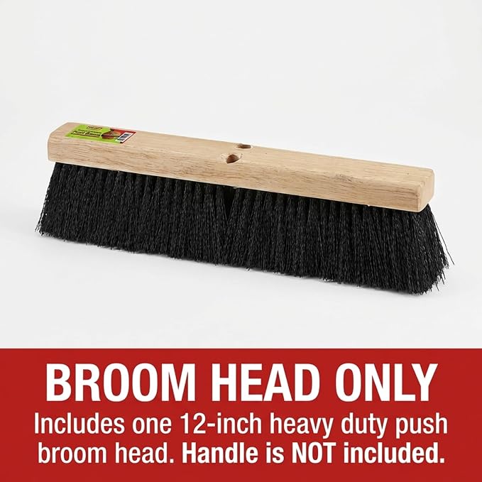 Black Indoor Push Broom Head – Heavy Duty Hardwood Block – Polypropylene Bristles – Deck Scrub Brush – Two Threaded Handle Holes for Better Assist (12")