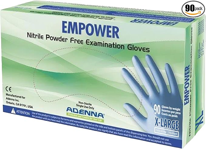 Adenna EPW448 Empower 8 Mil Powder-Free Nitrile Exam Gloves, Medical Grade, Blue, X-Large, Box of 90