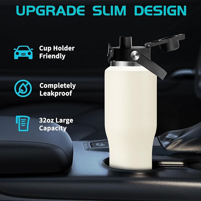 32/40 OZ Water Bottle with Carrying Case, Stainless Steel Insulated Bottle with Lid and Straw, Double Wall Vacuum Thermal Cup Fit in Car Cup Holder for Travel Drive