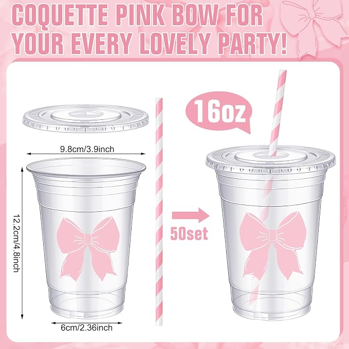 Sliner 50 Pcs 16 oz Coquette Disposable Plastic Cups with Straw for Party Supplies Bow Cups Birthday Wedding Bridal Engagement Party Drinkware Baby Shower Decoration (Pink Bow)