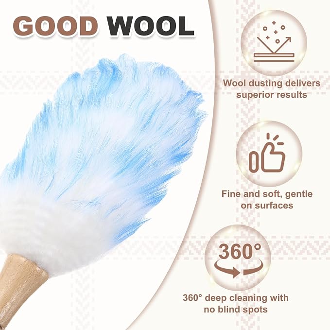 uxcell Wool Duster, 14.2" Natural Feather Cleaner Household Cleaning Duster with Solid Wooden Handle for Cleaning Fans Window Blinds Shelves Furniture, White Blue
