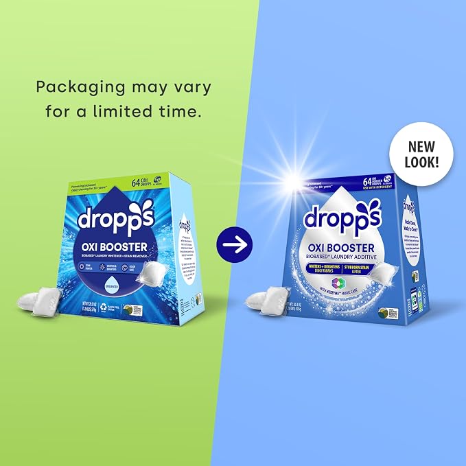 Dropps Oxi Booster Pods, Unscented (64 Count) - Laundry Whitener & Stain Remover | Free & Clear | Laundry Booster | Chlorine-Free Bleach Alternative | Clean Ingredients | Plastic-Free Packaging