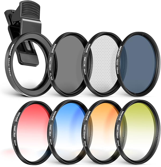 NEEWER 58mm Lens Filter Kit with Clip, CPL + ND32 + Starlight + 4 Graduated Colors, Compatible with iPhone 17 16 16e 15 14 Pro Max Canon Nikon Sony Camera