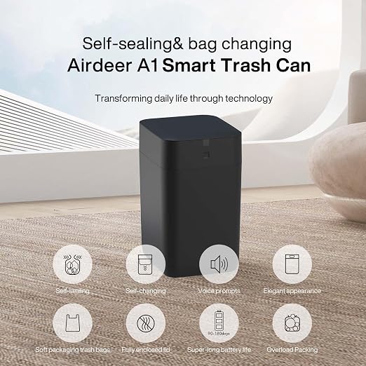 Airdeer Automatic Trash Can, 4 Gallon Self Sealing and Self-Changing Smart Trash Can Motion Sensor, Touchless Garbage can with lid for Kitchen Bathroom Bedroom, 6 Refill Rings(A1, Black)