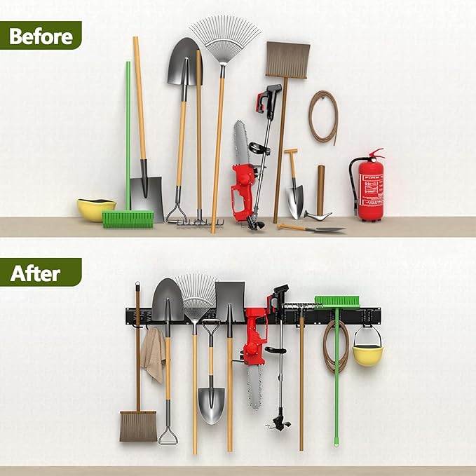 Garage Tools Storage Organizer Garden Wall Mount,48 Inches Hooks Tools Adjustable Metal Hooks,Yard Storage Rack-600lbs Capacity for Hanging Garage Tool Garden Snowboard Mop Organization