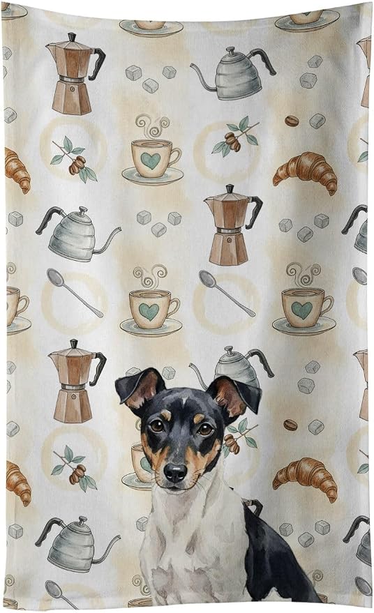 Caroline's Treasures Black and White Rat Terrier Coffee Bar Kitchen Towel Velour Plush Front and Cotton Loop Back Machine Washable