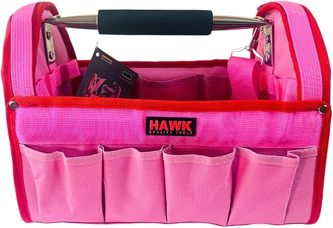 RAVEN 12.5" Pink Tool Carry-All Tool Bag | Premium Canvas with Multi-Pockets | Metal Handle & Rubber Feet | 12.5" x 9.5" x 8" | Best for Tools, Crafts & Supplies