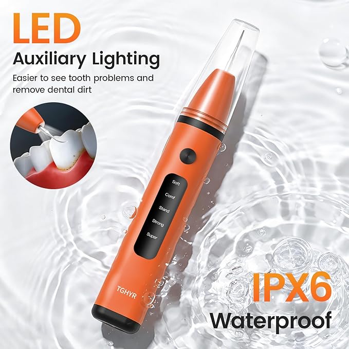 Ultrasonic Plaque Remover for Teeth, Tartar Remover with 5 Adjustable Modes, LED Light & 4 Replacement Tips Tooth Cleaner Dental Care Kits - Rechargeable, IPX6 Waterproof for Home Use (Orange)