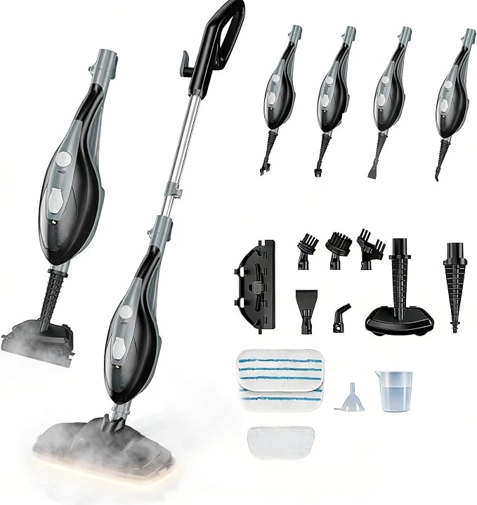 Steam Mop, Handheld Steam Cleaner with 2 Washable Pads, Floor Steamer for Hardwood and Tile, Multipurpose Floor Cleaner Machine for Carpets, Furniture, Windows, 1550W Deep Cleaning, Grey