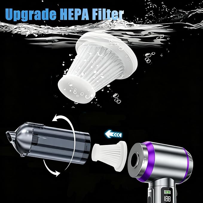 Handheld Car Vacuum Cordless with Air Duster, 30-Min Runtime 20000Pa Suction, Portable Rechargeable Small Handheld Vacuum for Car Detailing Interior Cleaning Pet Hair,Silver&Purple