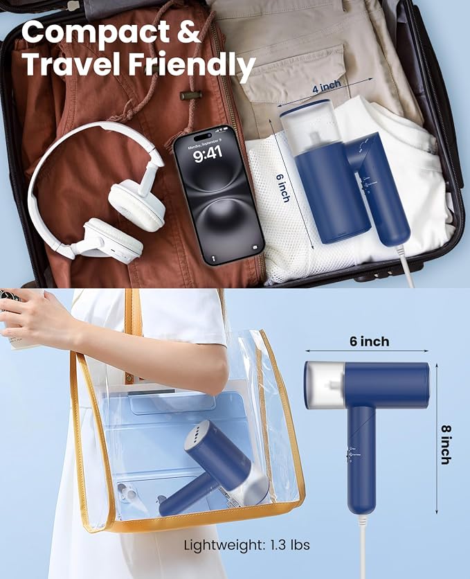 Handheld Steamer for Clothes, 1200W Foldable Travel Steamer, 20 Sec Preheat Garments Wrinkle Remover, 120V Portable Hand Iron with 150ml Water Tank, Clothes Steamer for Home Travel Blue