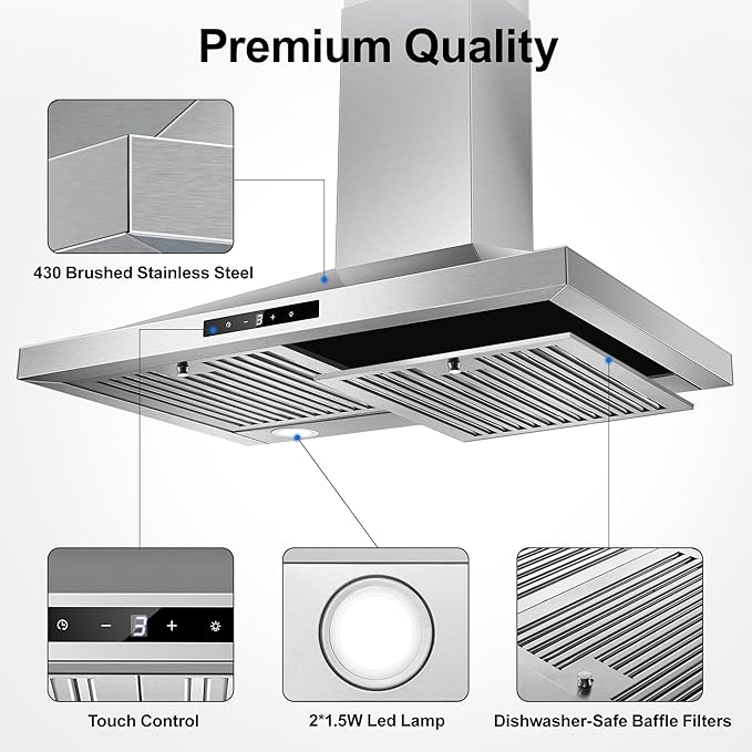 Tieasy Range Hood 30 inch, Vent Hoods 30 inch Stainless Steel, 450 CFM Ductless/Ducted Convertible Kitchen Hood with LED Light Baffle Filters, 3 Speed Exhaust Fan,Touch Control