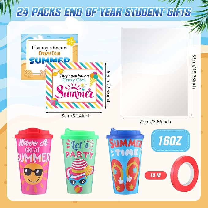 LemonRoad 24 Set End of the Year Gifts 16 oz Plastic Tumbler with Lid and Straw Bulk Summer Graduation Blessings Cards and Clear Cellophane Bags for Beach Pool Birthday Vacation Party Supplies