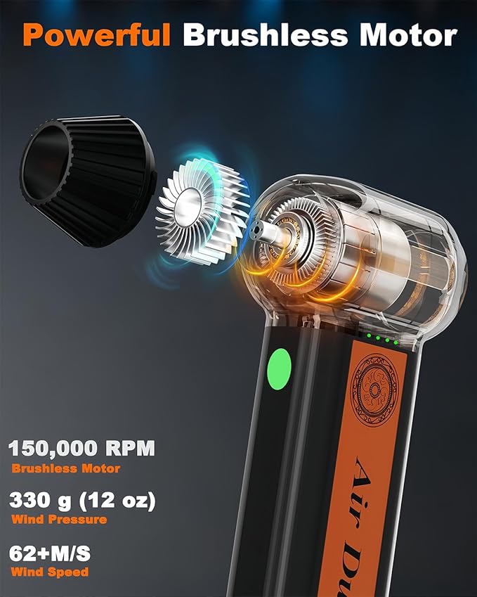 Powerful 2-in-1 Compressed Air Duster & Handheld Car Vacuum Cleaner with LED Light & 4-Gear Adjustable 150KRPM Brushless Motor, Rechargeable Cordless Mini Blowe for Car, Home, PC (2-in-1 Black)