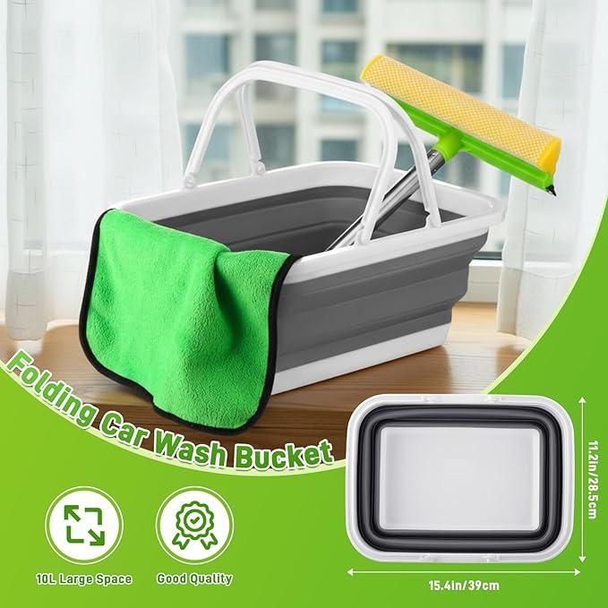 7 Pcs Windshield Car Squeegee and Collapsible Washing Bucket Combo Set 2 in 1 Squeegee Window Cleaner with Long Handle Car Interior Glass Cleaning Tool Reusable Pads Towel Spray Bottle