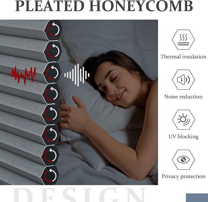 Cellular Shades, Blackout Blinds, Cordless Polyester Honeycomb Blinds for Windows, Room Darkening, Pleated Window Shades for Bedroom, Home, Bathroom, Office, Kitchen, 20" W X 48" H, Grey