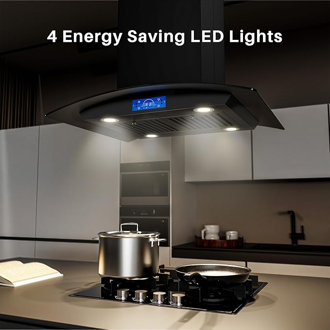 FIREGAS Black Island Range Hood 30 Inch, 700 CFM Island Kitchen Hood with Touch & Gesture Control, 3 Speed Fan, LED Lights, Ducted/Ductless Convertible Stove Vent Hood