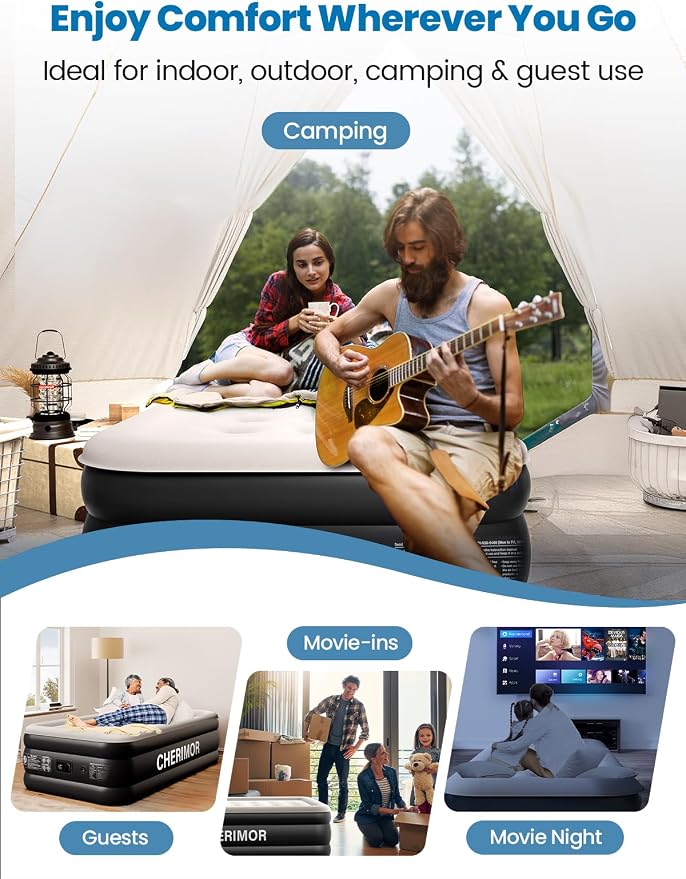 CHERIMOR Twin XL Air Mattress with Built-in Pump, 18" Raised Comfort, 80“ Length, 48Hr Leak-Proof Test, Upgraded Honeycomb Pillar Design, Supports 500 lbs, 2-Min Inflation for Home, Guests & Camping