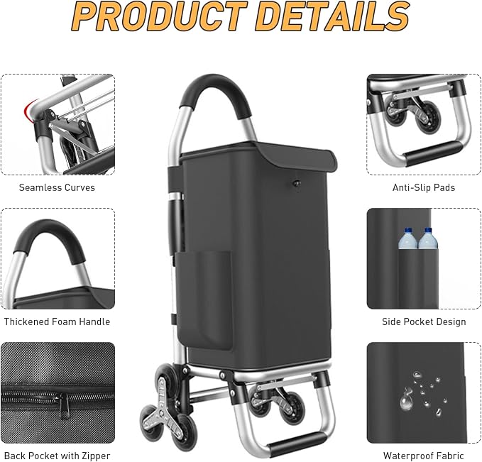 Heavy Duty 3 in 1 Shopping Cart, Foldable Hand Truck with 6 Wheels, 110 lbs Grocery Cart, Portable Utility Dolly, Waterproof Bag for Moving, Camping