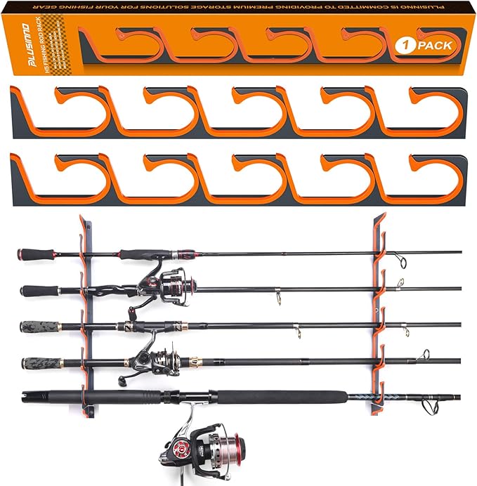PLUSINNO H5 Horizontal Fishing Rod/Pole Holders for Garage, Wall Ceiling Mounted Fishing Rod Holder, Aviation Aluminum Fishing rod rack Holds up to 5/10/20 Rod or Combos Fishing Gear and Gifts for Men