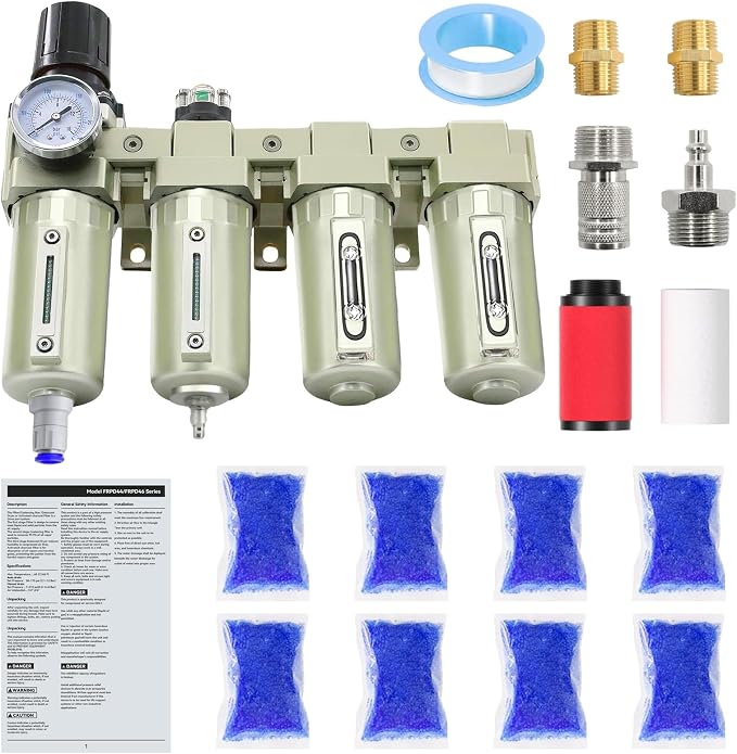 4 Stage 3/4" Air-Dryer-for-Compressor 2Filter&2Dryer System,Auto Drain | Air-Compressor-Water-Separator-System for Plasma Cutter and Paint Spray, NPT Industrial Grade
