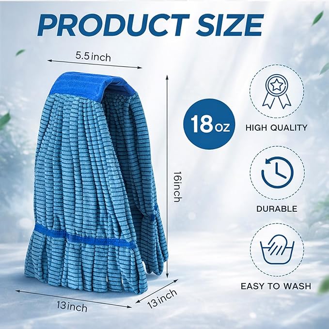 Hushee 6 Pack Large Microfiber Tube Mop Heads 18 oz Heavy Duty Commercial Industrial Wet Mop Head Refill Reusable Machine Washable Looped End Mopheads for Hardwood, Tile, Laminate Floors (Blue)