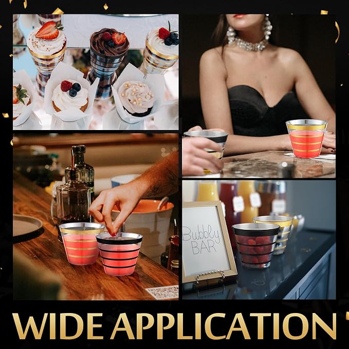 Gejoy 9 oz 100pcs Graduation Rimmed Stripe Plastic Cups Bulk Disposable Wine Hard Plastic Drinking Cocktail Cups Tumblers for Wedding Gathering Party Supplies(Gold, Black)