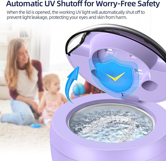 Ultrasonic Retainer Cleaner Machine, 45kHz Ultrasonic Denture Cleaner with 200ML Capacity & 4 Modes for Dental Cleaning Pod, Aligners, Mouthguards, Retainers, Jewelry, Purple