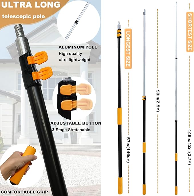 20 Ft+ Reach 2 In 1 Window Squeegee Duster with 5-to-12 Foot Extension Pole, Cleaner Tool with 3-Stage Telescoping Pole, Cleaning Kit with Rotatable Head - Chenille Cloth + Microfibre Cloths Head