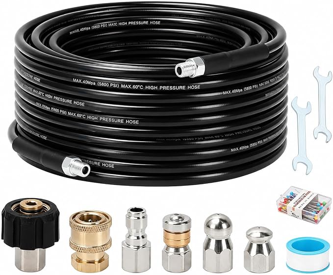 Sewer Jetter Kit for Pressure Washer, 50FT Drain Cleaning Hose with Corner Rotating and Button Nose Nozzles, 1/4" NPT Sewer Jet Nozzle Set with Spanner, Tape, Pins, 5800 PSI