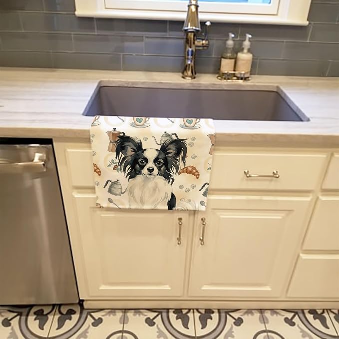 Caroline's Treasures Black and White Papillon Coffee Bar Kitchen Towel Velour Plush Front and Cotton Loop Back Machine Washable