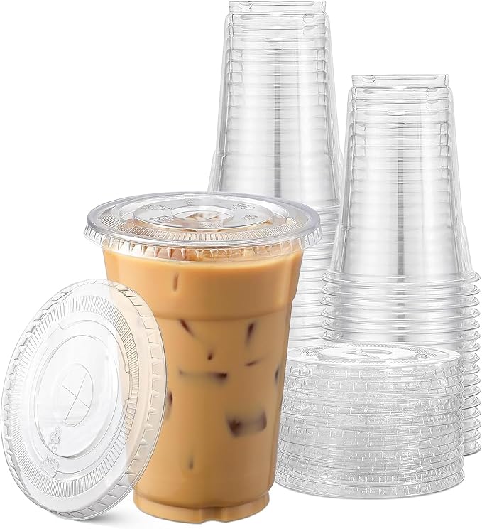 TashiBox Plastic Cups with Flat Lids 100 Sets 16 oz, Clear Crystal drink cups with lids