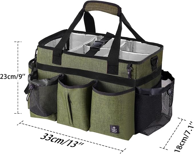 Large Cleaning Caddy Bag Built-in Sturdy Support Board, Cleaning Organizer with Detachable Divider, Cleaning Supply Tote with Adjustable Shoulder Strap&Waist Belt for Cleaners & Housekeeper