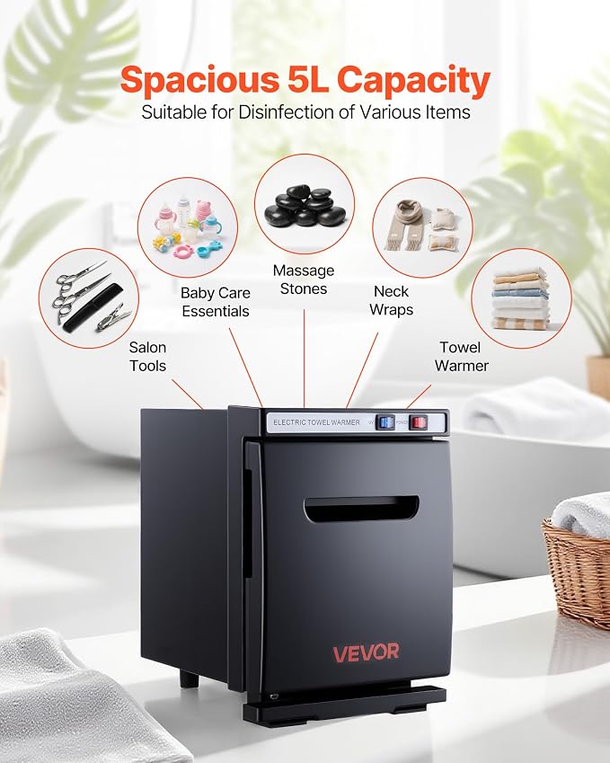 VEVOR Hot Towel Warmer, 5L Small Towel Warmer Cabinet with Clip & Stainless Steel Rack, Holds up 8-12 Towels, Portable All-Round Heating Cabinet for Spa, Barber, Manicures, Massage, Salon, Black