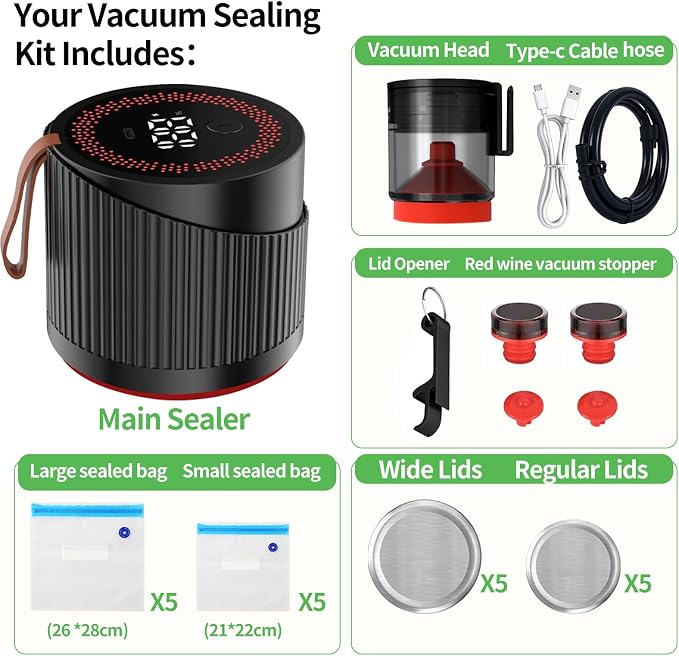 Electric Mason Jar Vacuum Sealer Kit for Wide and Regular Mouth Jars - Vacuum Sealer Machine with -80kpa Suction, Automatic One-Button Operation for Food Storage