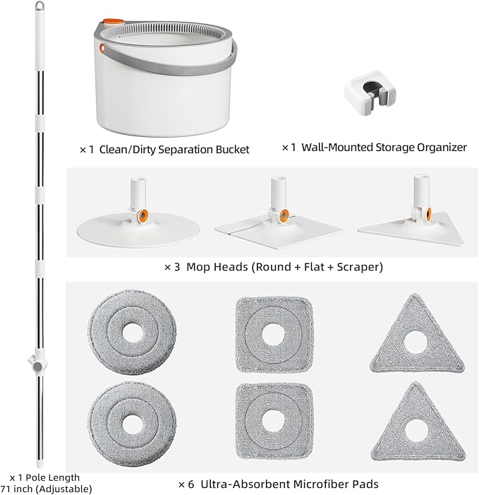 3-in-1 Spin Mop and Bucket Set with Clean Water Separation, 71” Extra Long Handle for Wall Cleaning, 3 Specialized Heads for Baseboards & Corners, 6 Microfiber Refills for Hardwood Floor Care