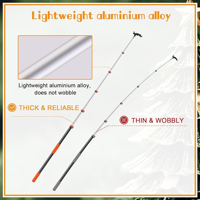 5-24ft Long Telescopic Extension Pole with Utility Hook, Ladderless christmas light pole hanger tool Installing and Hanging String Lights/Birdfeeders, cleaning High Places, Lightweight and Sturdy