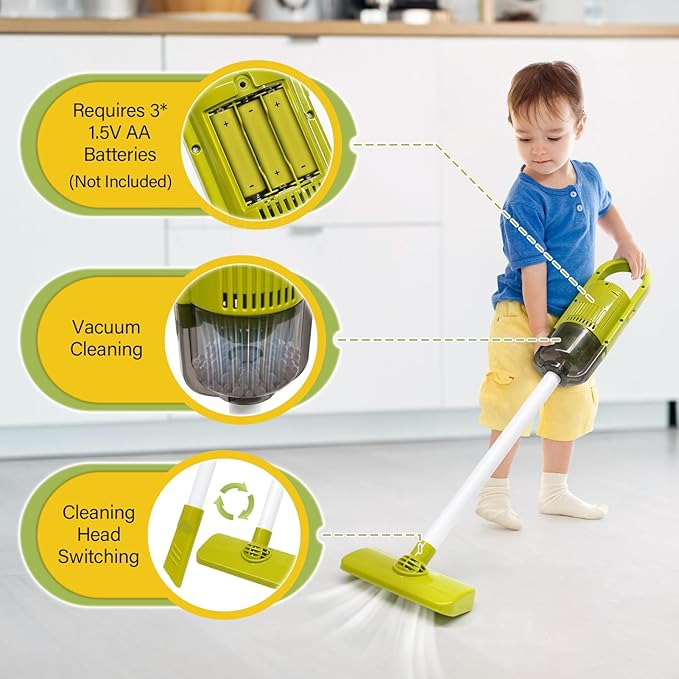 Dreamon Toddler Cleaning Set - 14Pcs Kids Cleaning Toy Set with 2-in-1 Kids Vacuum that Really Works, Pretend Home Cleaning Play Set for Toddler Age 3-7, Christmas Birthday Gift for Girls Boys（Blue）