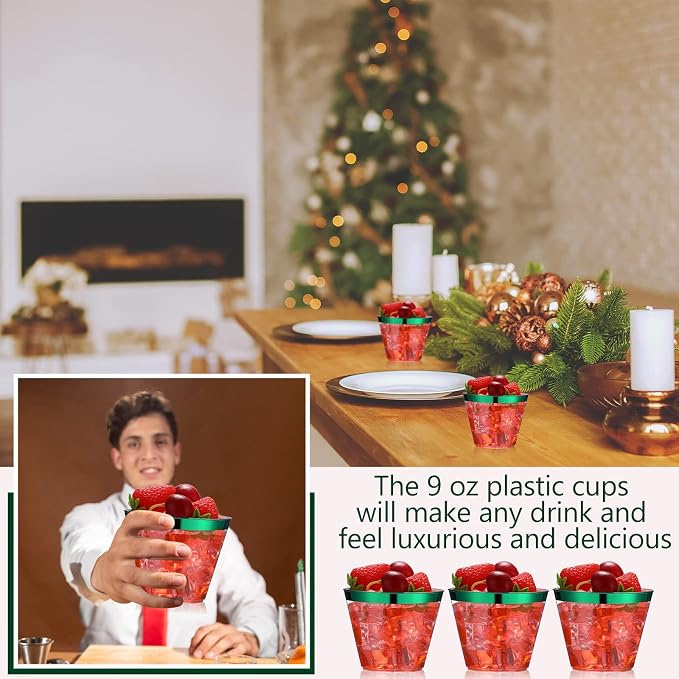 Lounsweer 100 Pcs 9oz Rimmed Plastic Cups Wedding Clear Cocktail Cups Heavy Duty Disposable Wine Glasses for Birthday Bridal Shower Baby Shower Holiday Celebrations(Green)