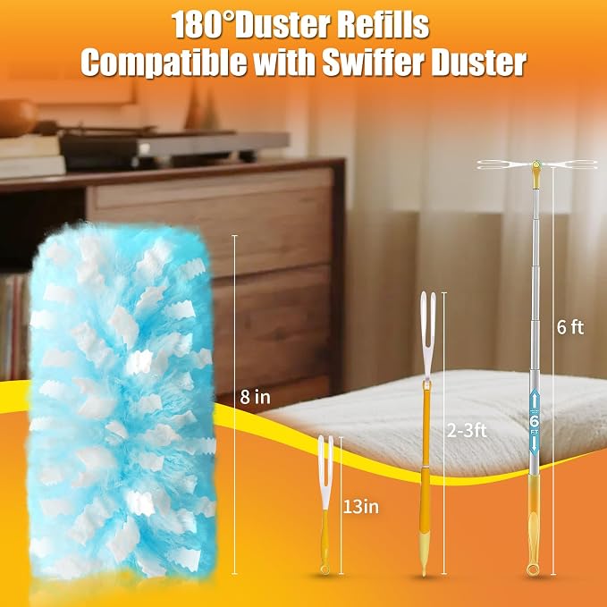 40 Count Duster Refills with 1 Short Handle & 3 ft Extendable Handle, Compatible with Swiffer Duster, 180° Disposable Microfiber Cleaning Dusters, Unscented
