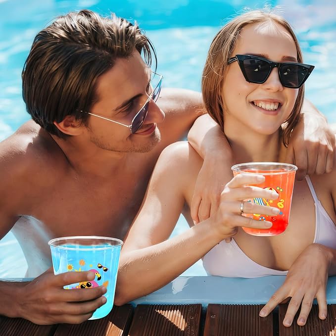 Whaline 60Pcs Pool Party Plastic Cups 12 Oz Disposable Clear Stemless Wine Cocktail Glasses PET Drinkware Cups Set for Summer Beach Hawaiian Luau Birthday Party Supplies