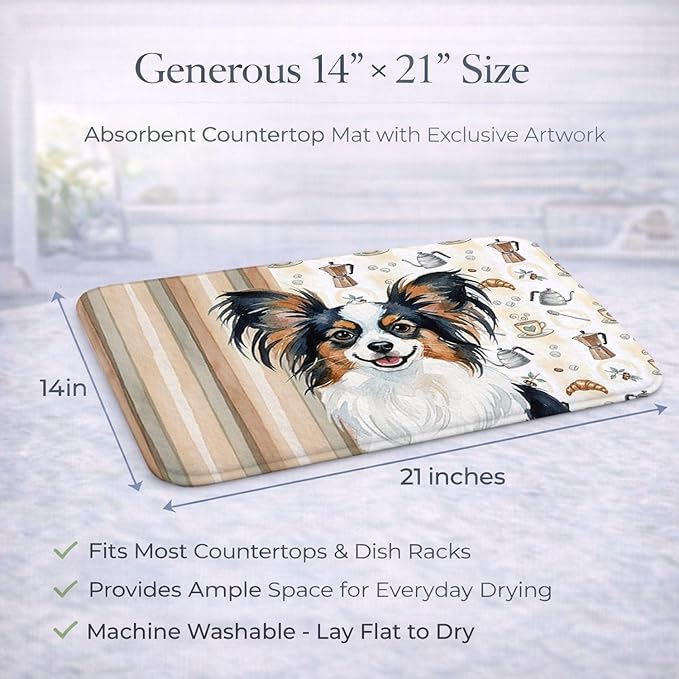 Caroline's Treasures Tricoilor Papillon Coffee Bar Dish Drying Mat Absorbent Dish Drying Mat Pad for Kitchen Counter Dish Drainer Mat for Countertop, 14 x 21", Multicolor