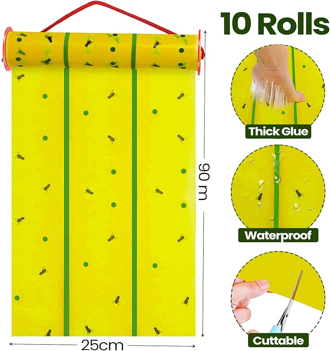 Qualirey Giant Sticky Fly Traps, Fly Strips for Indoor Outdoor Hanging Flying Tapes Non Toxic Ribbon Fruit Gnat Killer for Mosquito Plants House Horse Stable(30 ft,Yellow and Green,10 Pcs)