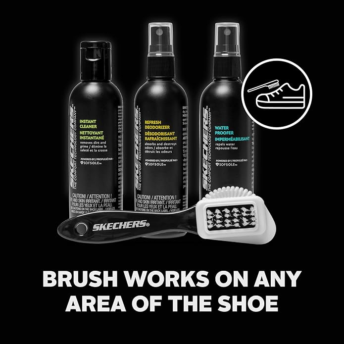 Sof Sole x Skechers Shoe Care Kit – All-in-One Shoe Cleaning Kit with Sneaker Cleaner, Shoe Deodorizer, Waterproof Spray & Brush – 4 oz Bottles with Pump Sprayers – Shoe Care for Athletic Shoes