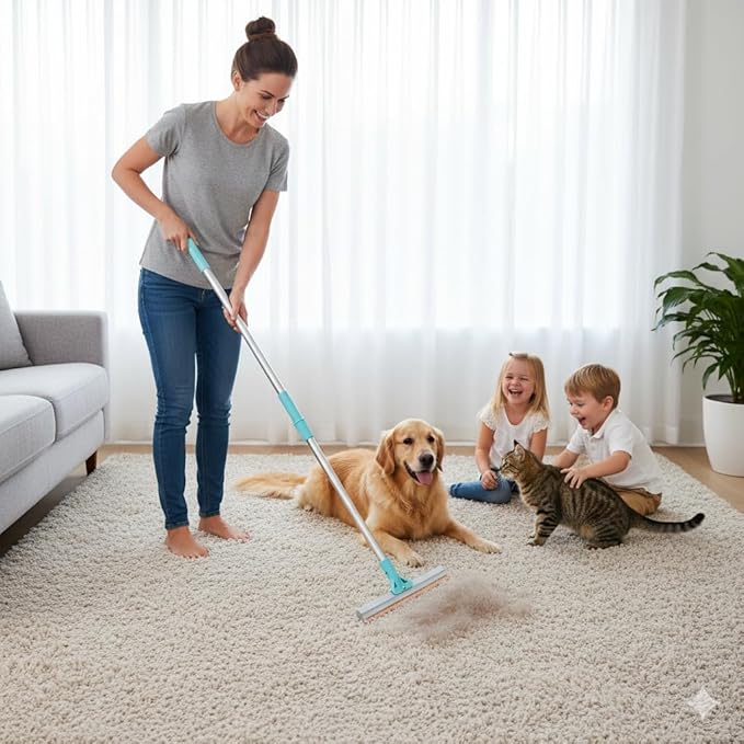 Telescopic Carpet Rake for Pet Hair, 36-55" Adjustable Rug Rake to Remove Dog Cat Hair & Fluff Matted Carpet, Stand Up Cleaning Tool for Under Furniture