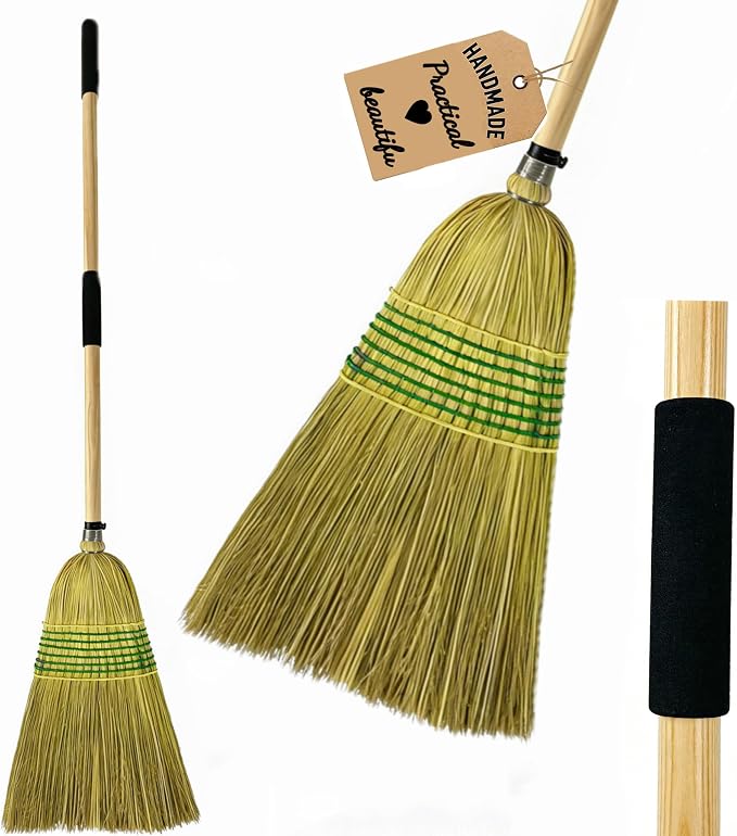 Straw Broom,Handmade Corn Broom Made from Natural Corn stalks, Outdoor Broom Equipped Wooden Handle. Natural Broom Reinforced