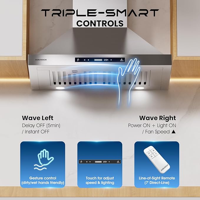 30-inch Wall Mount Range Hood, 900 CFM Ducted/Ductless Kitchen Vent Hood with Full Copper Motor, Triple Smart Controls (Gesture/Remote/Touch), Tunable LED Lighting, Stainless Steel
