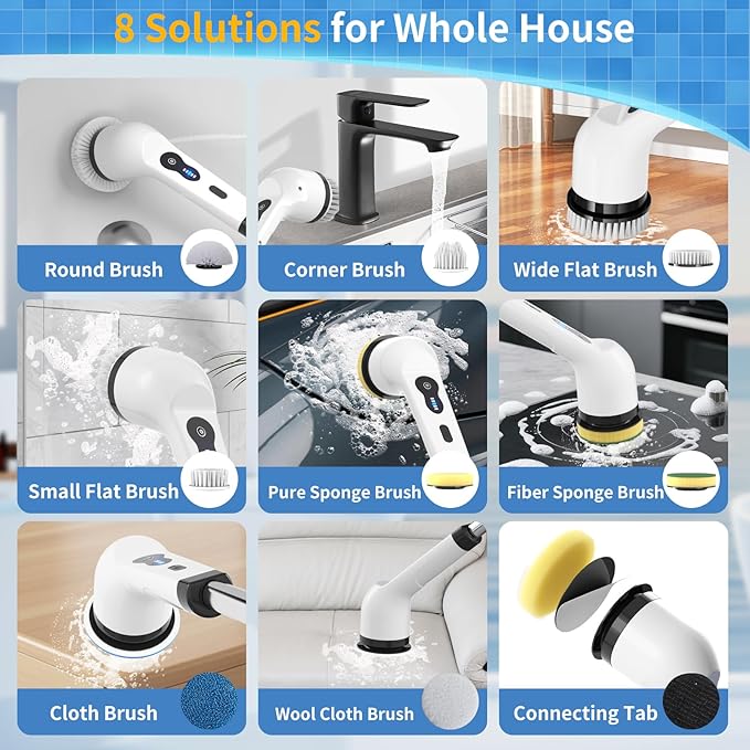 Electric Spin Scrubber, Powered Household Cleaning Brush with 8 Heads & 2 Modes- 52in Extendable Electric Shower Scrubber Deep Cleaner for Bathroom Bathtub Sink Bathroom, IPX7